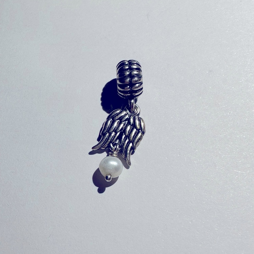 Authentic Pandora Angel Wings with Pearl Dangle Charm Sterling Silver